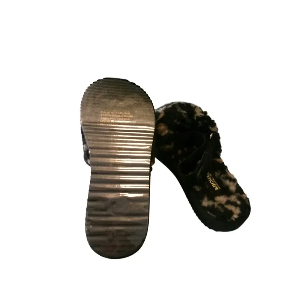 Michael Kors Juniper Faux Sherpa Slipper Slides Black Camel Women's 6M